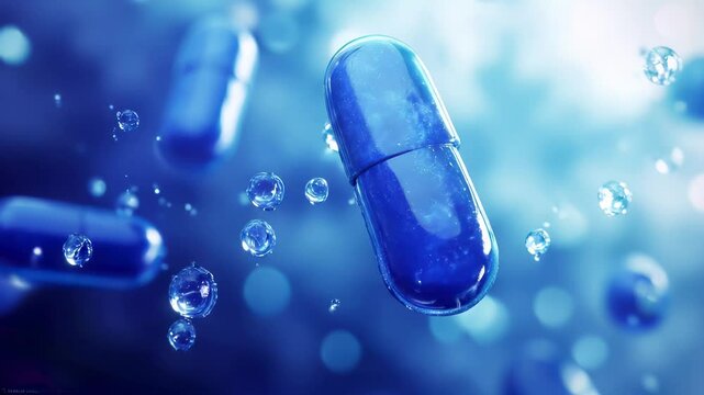 A glowing blue capsule floating in an abstract futuristic space. Representing the evolution of medicine, synthetic drugs, and the integration of AI in healthcare.