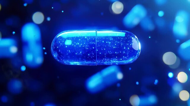 A glowing blue capsule floating in an abstract futuristic space. Representing the evolution of medicine, synthetic drugs, and the integration of AI in healthcare.