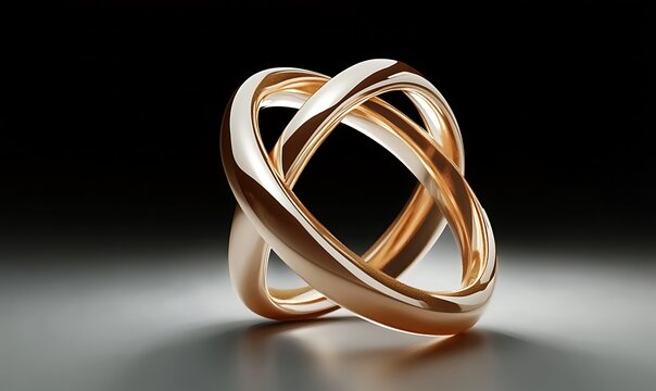 Elegant gold ring sculpture studio setting 3d render minimalistic design close-up view symbol of unity and love. A stack of five clasping gold bangle bracelets
