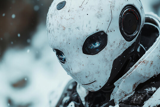 Worn Cybernetic Entity Contemplates a Snowy World in Somber Reflection