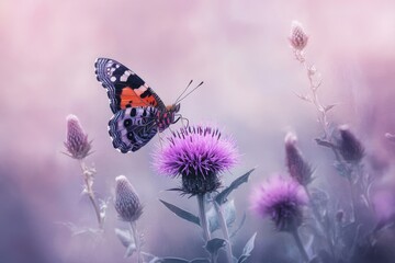 Obraz premium A Painted Lady butterfly delicately rests on a vibrant purple thistle, bathed in soft, dreamy light.