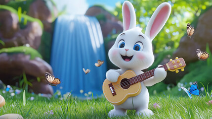 cheerful white bunny in 3D cartoon style plays guitar near waterfall, surrounded by butterflies