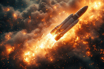 Blazing Ascent, Rocket Soaring Through Cosmic Firestorm Atmosphere