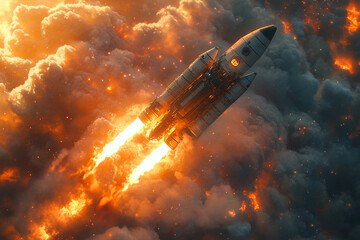Obraz premium Rocket ascending through fiery nebula, symbolizing space exploration