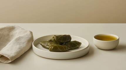Delicate stuffed grape leaves served with olive oil and a date, a traditional Iftar meal reflecting the simplicity and spirituality of Ramadan evenings
