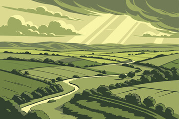  Expansive green farmland, rolling hills, dramatic sky, storm clouds, sunlight breaking through, winding stream, lush crops, scenic countryside, aerial view, vibrant colors, moody atmosphere, rural 