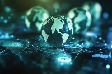 Planet earth rotating over futuristic digital world map with network connections