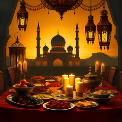A richly detailed image depicts a large, ornate dining table laden with a feast, set against the backdrop of a mosque at sunset. 