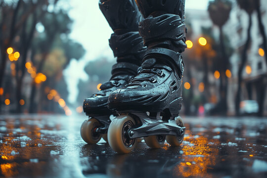 Urban Skating Adventure, A Close-Up of Inline Skates on Wet City Streets