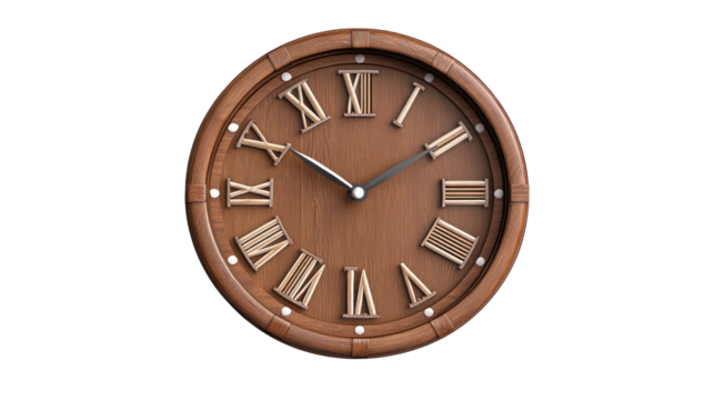 A wooden clock with Roman numerals on it