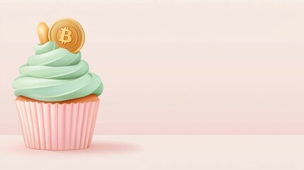 A whimsical cupcake topped with mint frosting and a Bitcoin cookie, set against a soft pastel background.