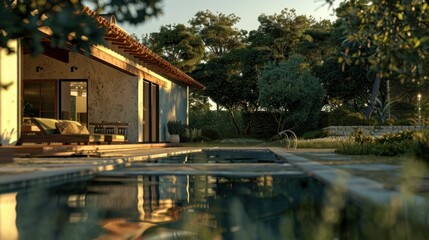 Obraz premium photorealistic of a greek house inspired with biophilia and minimalistic style, add wood materials, and a glimpse of the pool