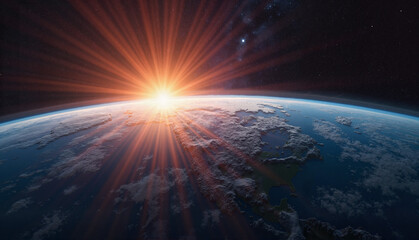 Fototapeta premium Earth from space during sunrise with vibrant sun rays illuminating the atmosphere