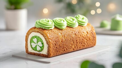 A beautifully decorated green cake roll with swirls of frosting and a vibrant inner design, set against a soft, blurred background.