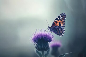 Obraz premium A Painted Lady butterfly delicately perched on a vibrant purple thistle, bathed in soft, ethereal light.