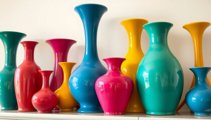 Vividly colorful ceramic vases of various shapes and sizes arranged in an artistic display, enhancing décor and adding a vibrant, modern touch to any setting while beautifully highlighting creativity 