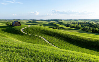Obraz premium peaceful countryside scene with rolling green hills and barn
