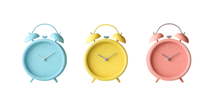 Set of 3D Alarm Clock PNG Against Transparent Background for Time Management, Productivity Concepts, or Office Branding