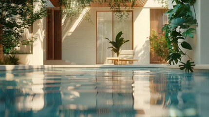 photorealistic of a greek house inspired with biophilia and minimalistic style, add wood materials, and a glimpse of the pool