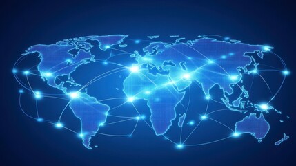 A global business network with glowing connections linking different continents, symbolizing international trade.