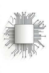 Minimalist Vector Line-Art Microchip with Fine Circuit Traces on White Background with Soft Shadows for Modern Look