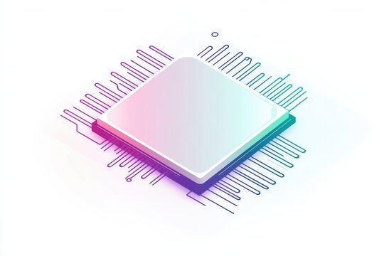 Minimalist Vector Line-Art Microchip with Fine Circuit Traces on White Background with Soft Shadows for Modern Look