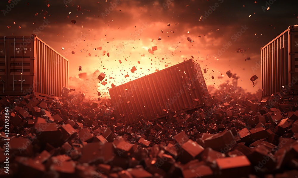 Poster a visually striking image depicting a chaotic financial battlefield with shattered elements represen