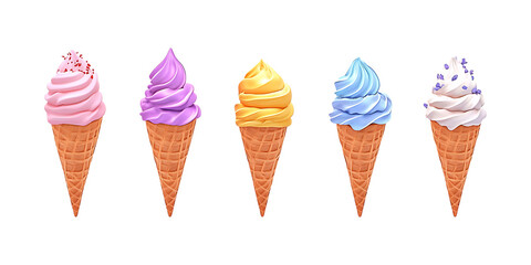 Set of Ice Cream Cones PNG Against Transparent Background for Dessert Branding, Summer Promotions, or Food Advertising