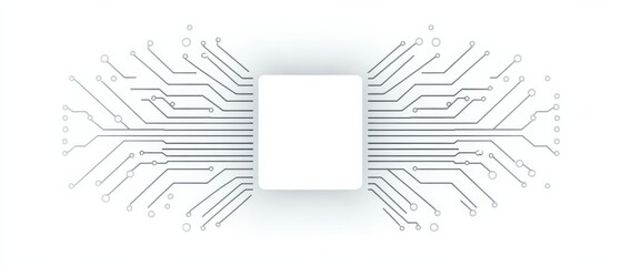 Minimalist Vector Line-Art Microchip with Fine Circuit Traces on White Background with Soft Shadows for Modern Look