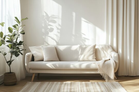 living room interior with couch or lounge waiting area in Nordic Minimalism style. Scandinavian design with clean lines, neutral beige white tones, natural light. simplicity and functionality