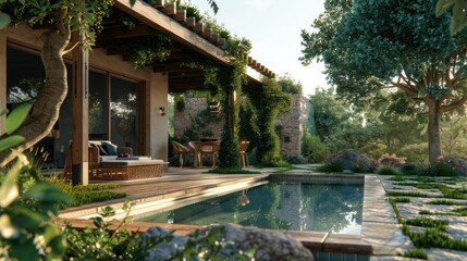 photorealistic of a greek house inspired with biophilia and minimalistic style, add wood materials, and a glimpse of the pool