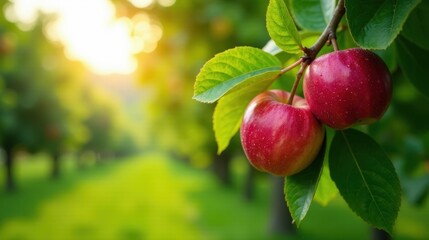 Obraz premium Golden sunlight illuminating vibrant red apples hanging on a lush green branch in an orchard