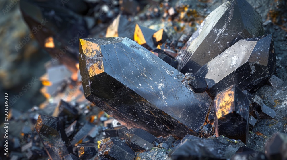 Poster shimmering mineral crystals rise from a rocky surface, reflecting sunlight and showcasing their shar