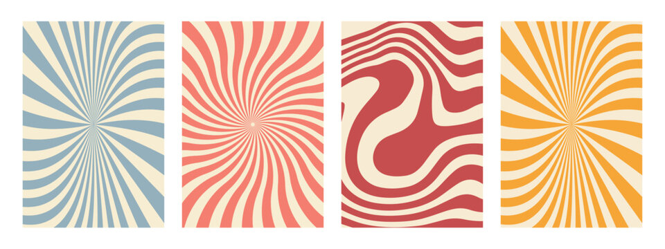 Groovy 70s hippie backgrounds featuring starburst rays, colorful funky waves, and vintage 60s psychedelic patterns. A set of twisted and distorted vector textures in a trendy retro Y2K aesthetic.