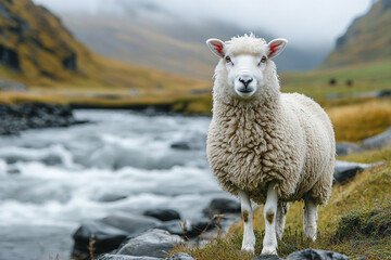 Fototapeta premium Icelandic Sheep Grazing by a Flowing River in a Misty Landscape