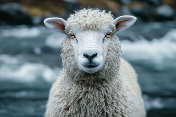 Fototapeta premium Enigmatic Sheep, A Portrait of Pastoral Majesty Amidst Flowing Waters