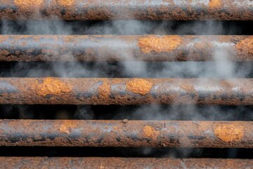 Rusty pipes emitting steam, indicating potential damage or leakage.