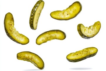 Vibrant pickled cucumber slices in mid-air, showcased on a pristine white background.