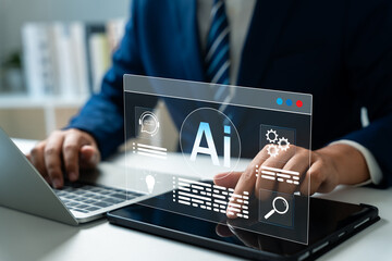 Businessman use artificial intelligence AI technology for enhanced work efficiency data analysis and efficient tools, Unlocking work potential with AI solutions chatbot help solve work problems.