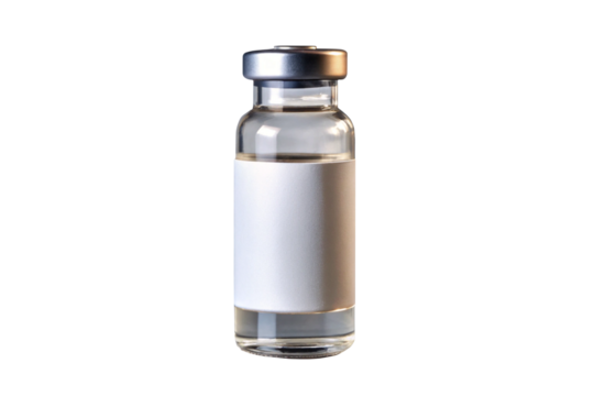 Injection bottle glass vial with blank white label, Medical glass vial bottle with liquid. Health and medicine treatment. Drug, vaccine for injection transparent background
