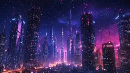 Obraz premium Futuristic city skyline with glowing lights under starry sky