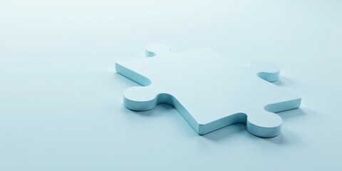 A single light blue jigsaw puzzle piece rests on a pale blue background, representing connection, solution, and the concept of unity in a minimalist design.