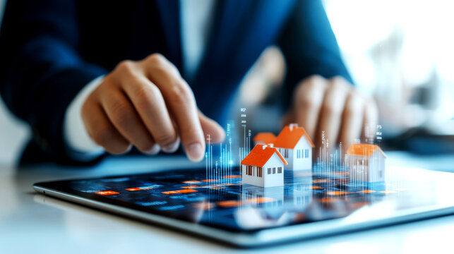 Real estate loan management modern office digital interaction urban setting close-up property insights and trends