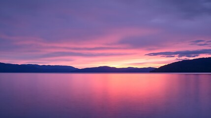 Obraz premium Serene Sunset Over Mountain Lake Silhouette