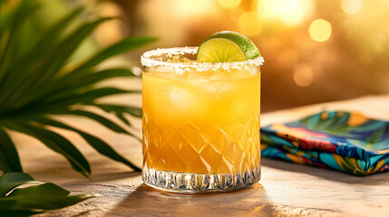 Refreshing summer cocktail in a rocks glass, garnished with a lime wedge and rimmed with salt, sits on a wooden table.