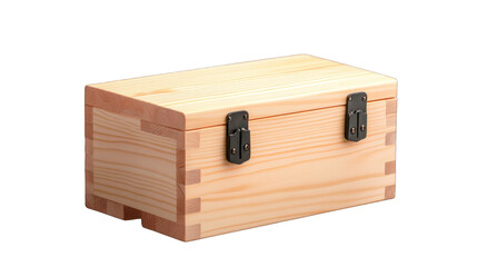 A wooden box with a black latch on the front