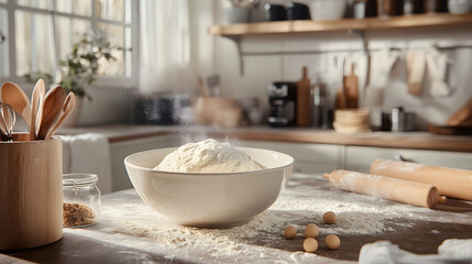 Flour dusting a bowl on a kitchen counter, baking ingredients, sunlit kitchen.