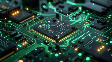 Close-up view of a complex circuit board with glowing components and intricate pathways, showcasing technology