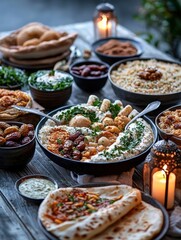 Obraz premium beautifully set table for Iftar, traditional Middle Eastern dishes, Islamic culture celebrating Ramadan, abundance of food, spirituality. festive table with dishes during Ramadan