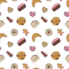 Sweets doodle Seamless pattern with bun, doughnut, croissant, chocolate cake. Vector patterns endless. Color sample pattern for fabric, packaging, background.